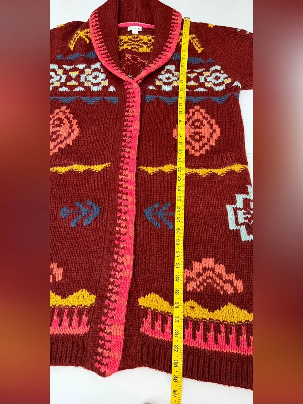 Rare Sundance Tayen Sweater Coat Cozy Burgundy Boho Patterned Size LP